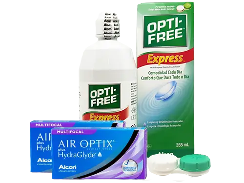 Lentes de Contato Air Optix Plus HydraGlyde Multifocal + Opti-Free Express - Packs